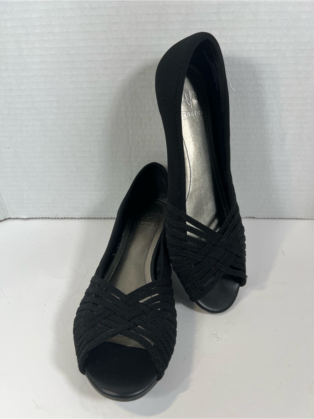IMPO Stretch Riswel Black Woven Peep Toe Wedge Pumps Women’s 7.5M